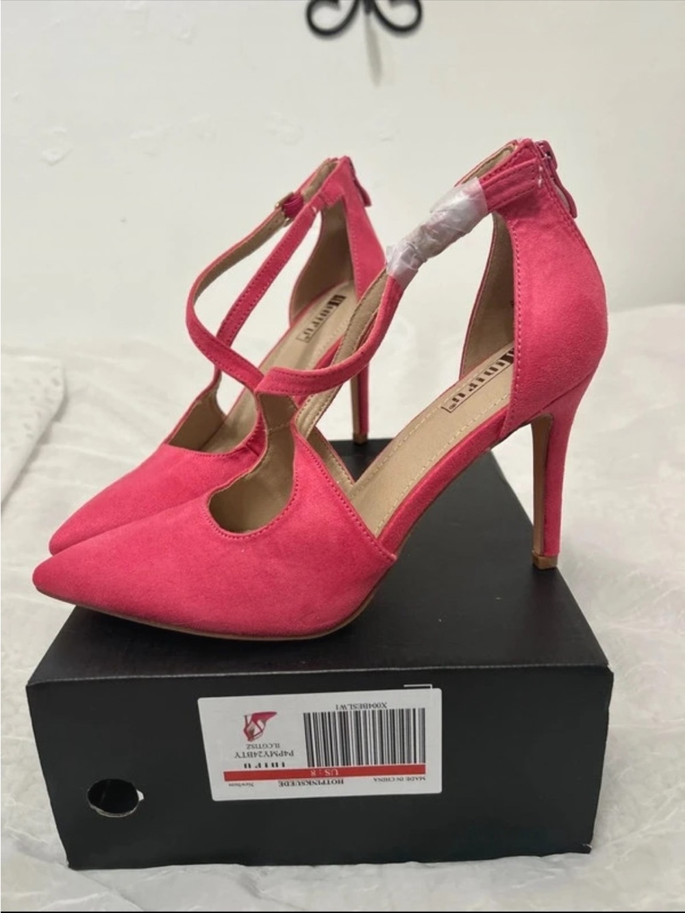 IDIFU Hot Pink Suede-Look Pointed-Toe Cross-Strap Stiletto Heels